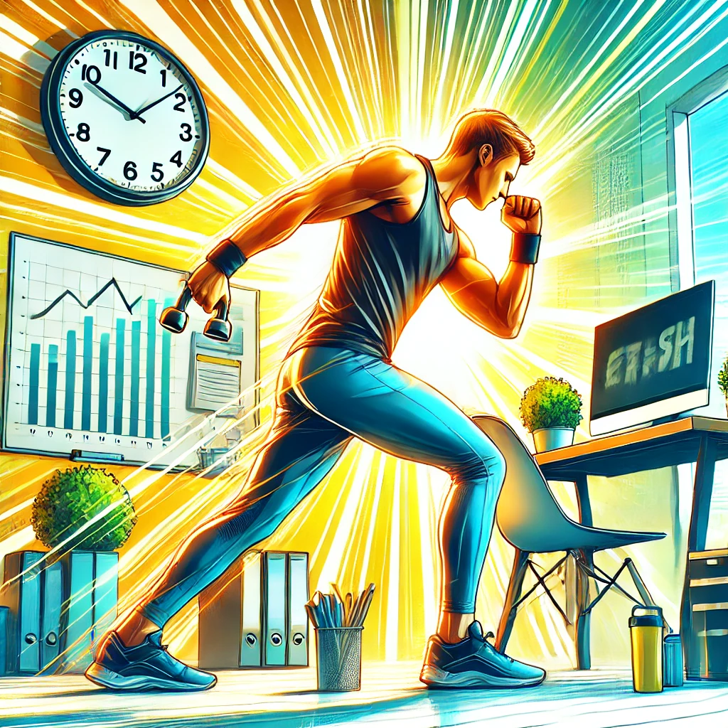 An image showing a busy professional fitting in a quick workout during their day. The person is dressed in athletic wear, with a desk and a computer in the background, suggesting they are on a work break. They are doing simple exercises like stretches or bodyweight squats, and a clock on the wall emphasizes limited time. The scene is bright, dynamic, and motivating, with vibrant colors representing energy and efficiency in balancing fitness with a hectic schedule.